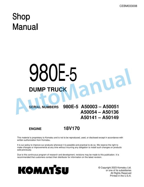 Komatsu 980E-5 Dump Truck Shop Manual CEBM033008 1 Komatsu 980E-5 Dump Truck Shop Manual CEBM033008