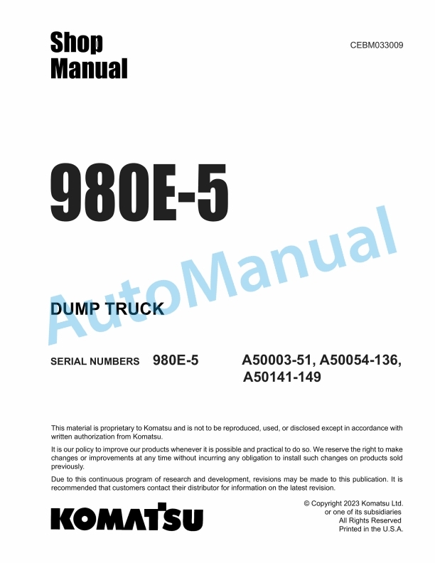 Komatsu 980E-5 Dump Truck Shop Manual CEBM033009 1 Komatsu 980E-5 Dump Truck Shop Manual CEBM033009
