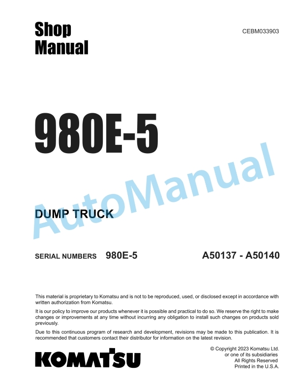 Komatsu 980E-5 Dump Truck Shop Manual CEBM033903 1 Komatsu 980E-5 Dump Truck Shop Manual CEBM033903