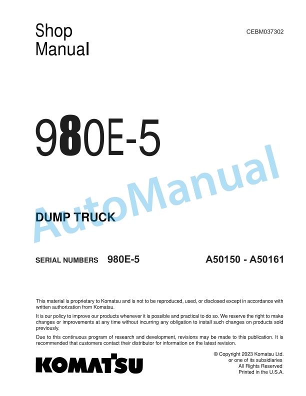 Komatsu 980E-5 Dump Truck Shop Manual CEBM037302 1 Komatsu 980E-5 Dump Truck Shop Manual CEBM037302