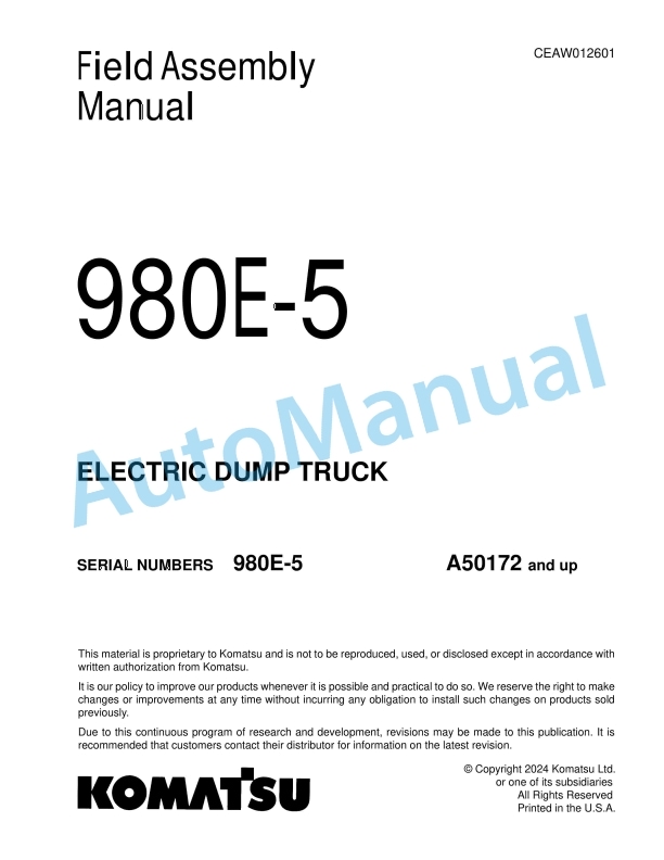 Komatsu 980E-5 Electric Dump Truck Field Assembly Instruction CEAW012601