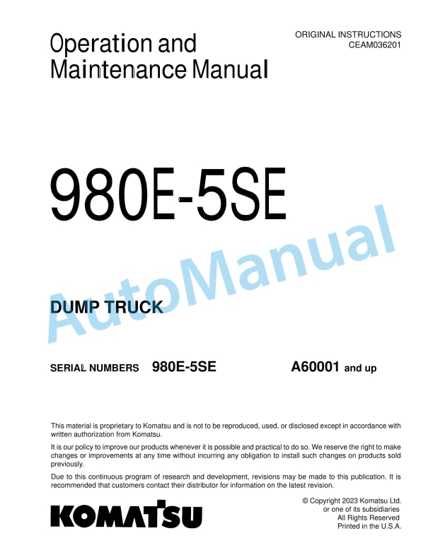 Komatsu 980E-5SE Dump Truck Operation and Maintenance Manual CEAM036201