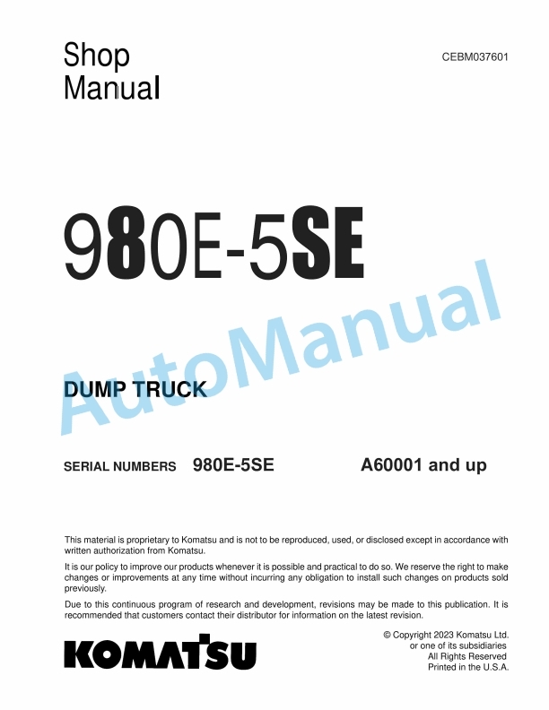 Komatsu 980E-5SE Dump Truck Shop Manual CEBM037601 1 Komatsu 980E-5SE Dump Truck Shop Manual CEBM037601