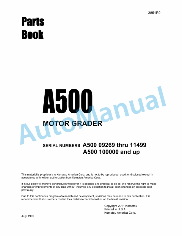 Komatsu A500 Motor Grader Parts Manual 3851R2 1 Komatsu A500 Motor Grader Parts Manual 3851R2