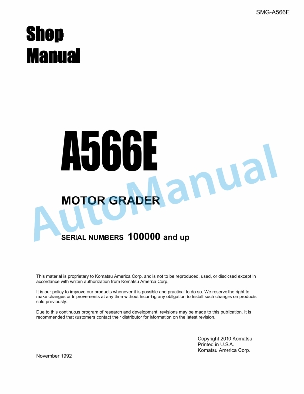 Komatsu A566E Motor Grader Shop Manual SMG-A566E 1 Komatsu A566E Motor Grader Shop Manual SMG-A566E