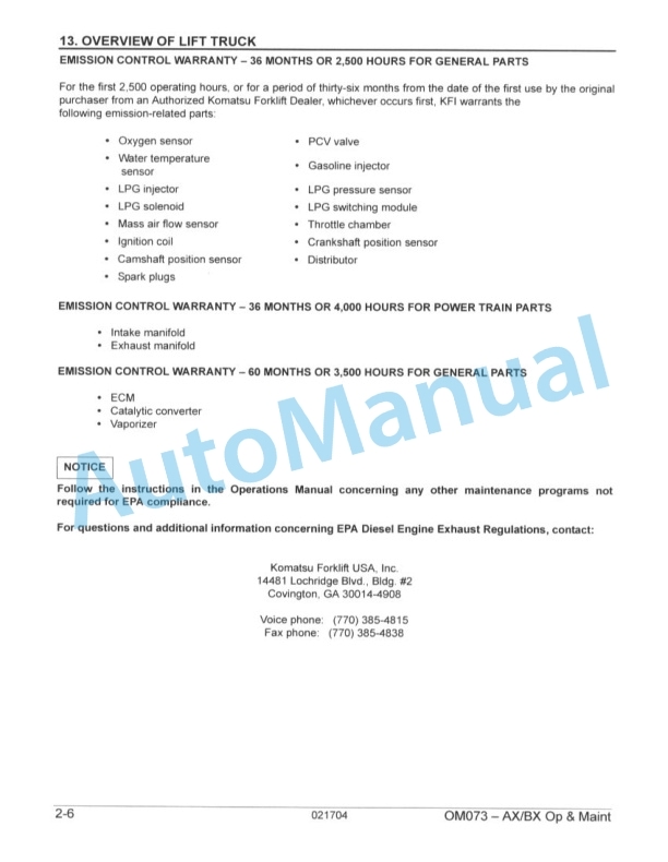 Komatsu AX and BX Forklift Truck Operation and Maintenance Manual OM073 3 Komatsu AX and BX Forklift Truck Operation and Maintenance Manual OM073-3