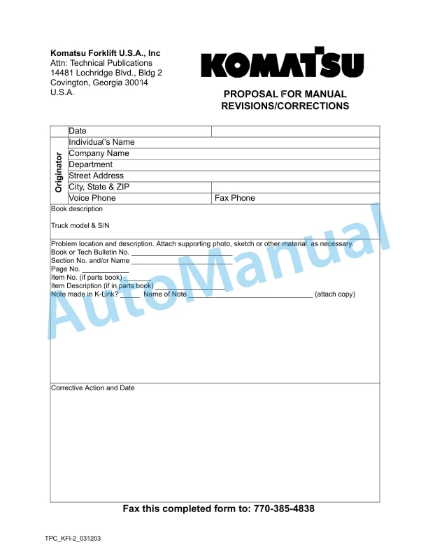 Komatsu AX Series Forklift Truck Parts Manual PM078-MC 1 Komatsu AX Series Forklift Truck Parts Manual PM078-MC