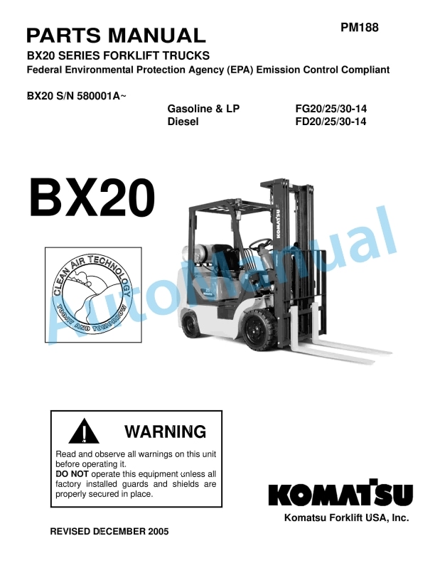 Komatsu BX20 Series Forklift Truck Parts Manual PM188 1 Komatsu BX20 Series Forklift Truck Parts Manual PM188