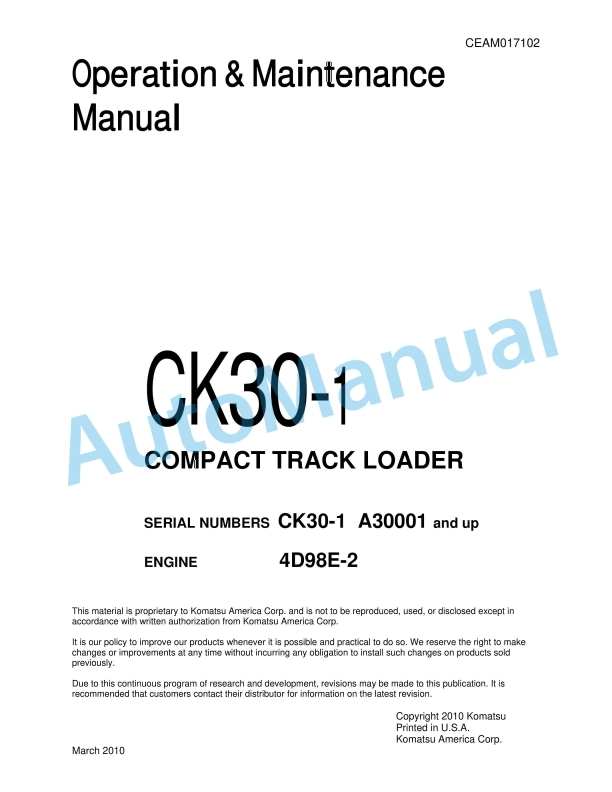 Komatsu CK30-1 Compact Track Loader Operation and Maintenance Manual CEAM017102 1 Komatsu CK30-1 Compact Track Loader Operation and Maintenance Manual CEAM017102