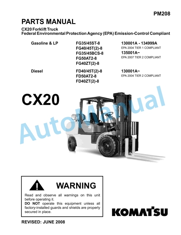 Komatsu CX20 Forklift Truck Parts Manual PM208 1 Komatsu CX20 Forklift Truck Parts Manual PM208