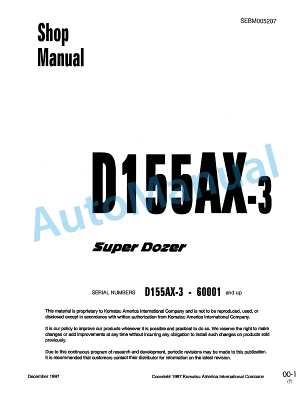 Komatsu D155AX-3 Bull Dozer Shop Manual SEBM005207 1 Komatsu D155AX-3 Bull Dozer Shop Manual SEBM005207