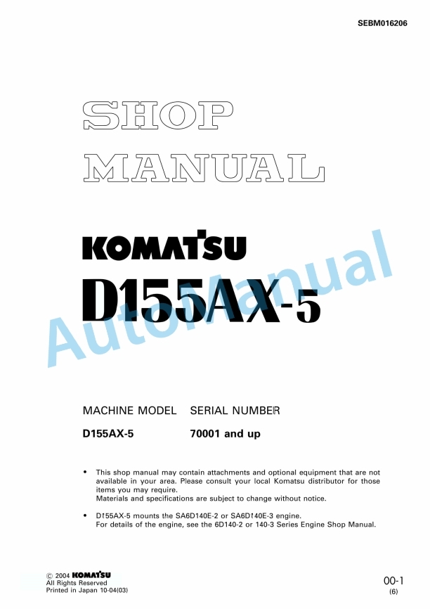 Komatsu D155AX-5 Shop Manual SEBM016206 1 Komatsu D155AX-5 Shop Manual SEBM016206