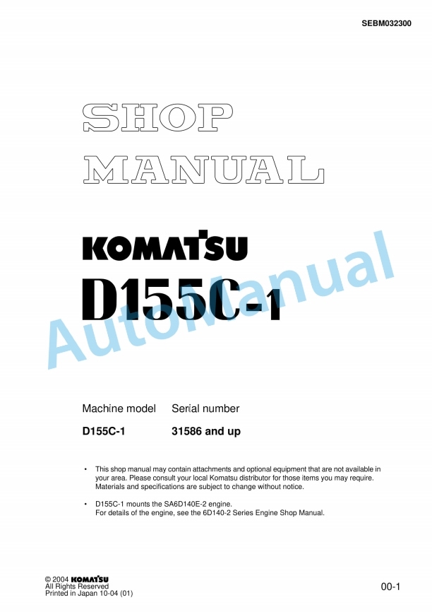 Komatsu D155C-1 Shop Manual SEBM032300
