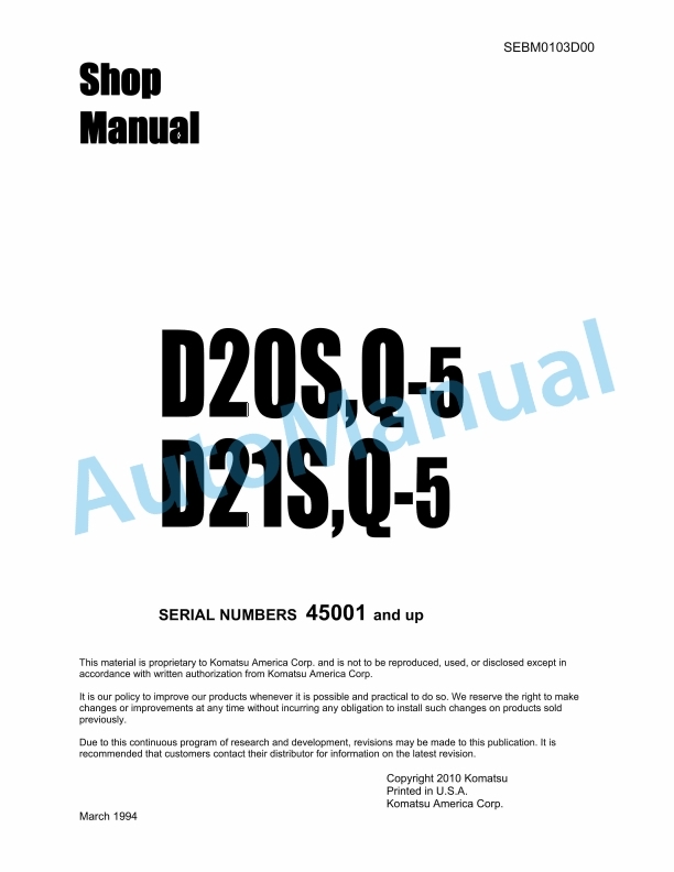 Komatsu D20S-5, D20Q-5, D21S-5, D21Q-5 Dozer Shovel Shop Manual SEBM0103D00