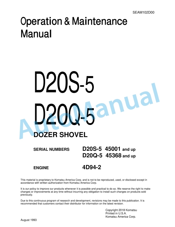 Komatsu D20S-5, D20Q-5 Dozer Shovel Operation and Maintenance Manual SEAM102D00 1 Komatsu D20S-5, D20Q-5 Dozer Shovel Operation and Maintenance Manual SEAM102D00