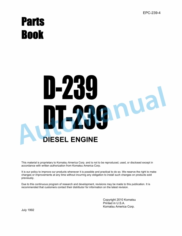 Komatsu D239, DT239 Diesel Engine Parts Manual EPC-239-4 1 Komatsu D239, DT239 Diesel Engine Parts Manual EPC-239-4