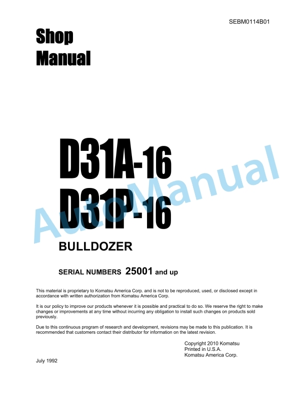 Komatsu D31A-16, D31P-16 Bulldozer Shop Manual SEBM0114B01