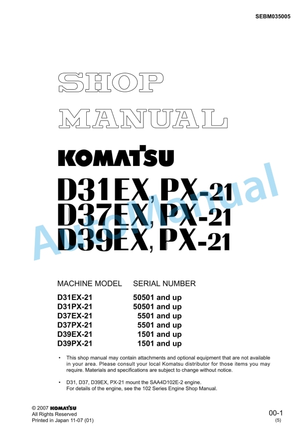 Komatsu D31EX-21, D31PX-21, D37EX-21, D37PX-21, D39EX-21, D39PX-21 Shop Manual SEBM035005
