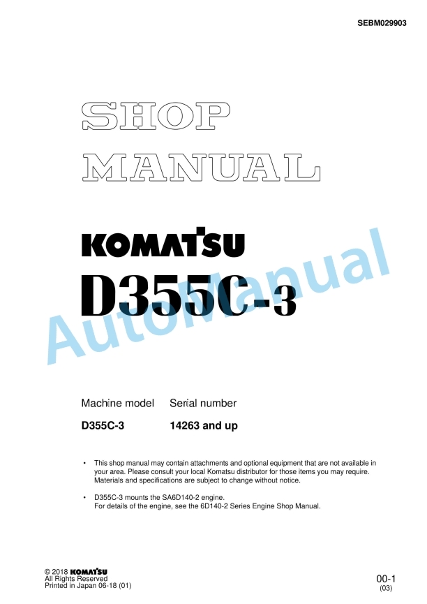 Komatsu D355C-3 PipeLayer Shop Manual SEBM029903