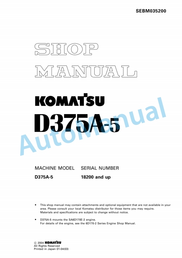 Komatsu D375A-5 Bull Dozer Shop Manual SEBM035200