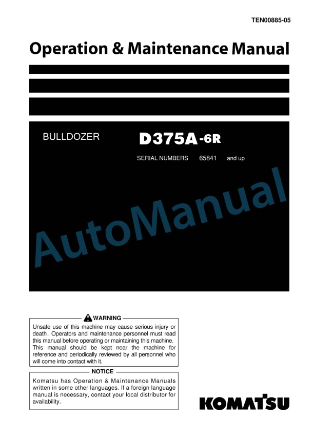 Komatsu D375A-6R Bull Dozer Operation and Maintenance Manual TEN00885-05