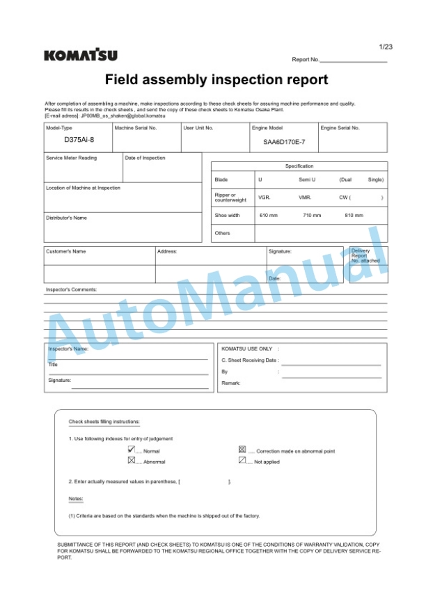 Komatsu D375Ai-8 Bull Dozer Field Assembly Instruction GEN00166-01 5 Komatsu D375Ai-8 Bull Dozer Field Assembly Instruction GEN00166-01 - Image 5