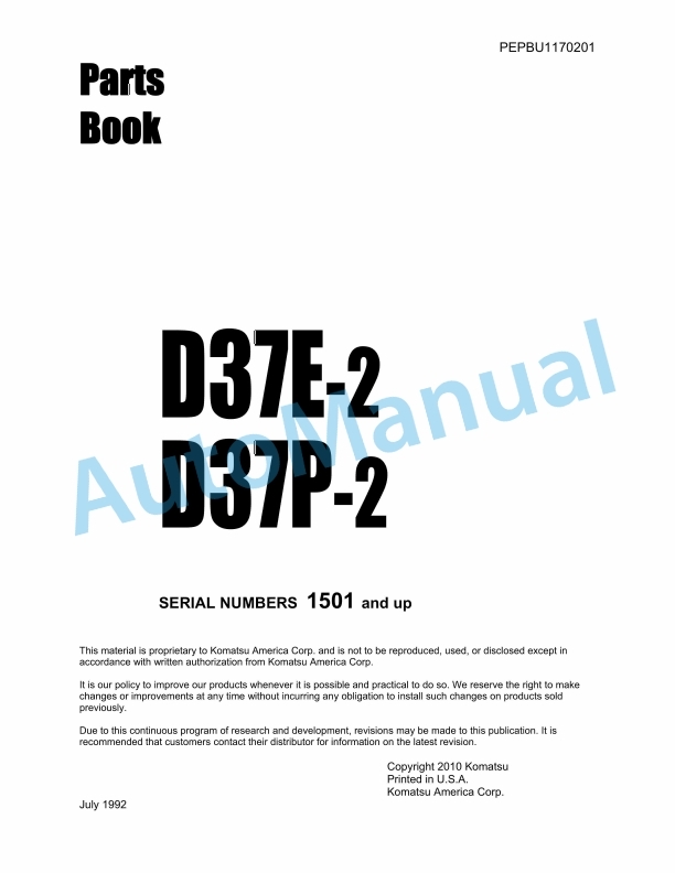 Komatsu D37E-2, D37P-2 Parts Manual PEPBU1170201 1 Komatsu D37E-2, D37P-2 Parts Manual PEPBU1170201