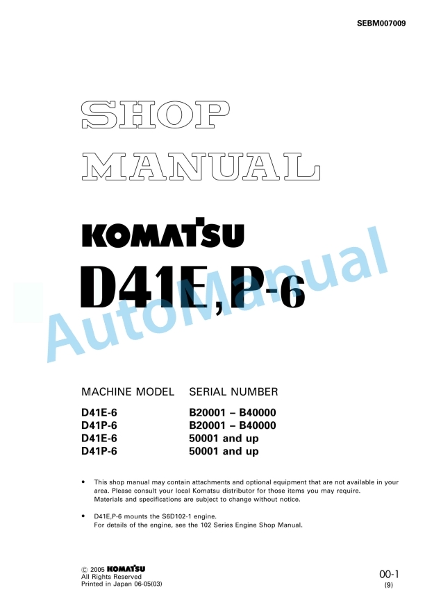 Komatsu D41E-6, D41P-6 Shop Manual SEBM007009