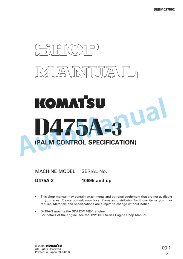 Komatsu D475A-3 Bull Dozer Shop Manual SEBM027502