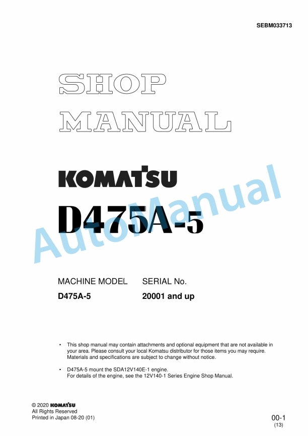 Komatsu D475A-5 Bull Dozer Shop Manual SEBM033713