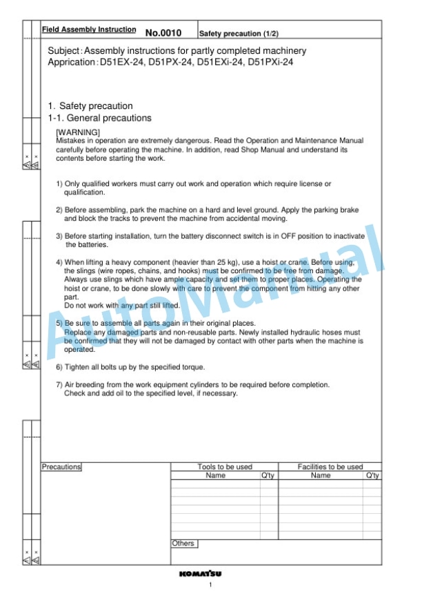 Komatsu D51EX-24, D51PX-24, D51EXi-24, D51PXi-24 Bull Dozer Field Assembly Instruction GEN00160-00 3 Komatsu D51EX-24, D51PX-24, D51EXi-24, D51PXi-24 Bull Dozer Field Assembly Instruction GEN00160-00-3