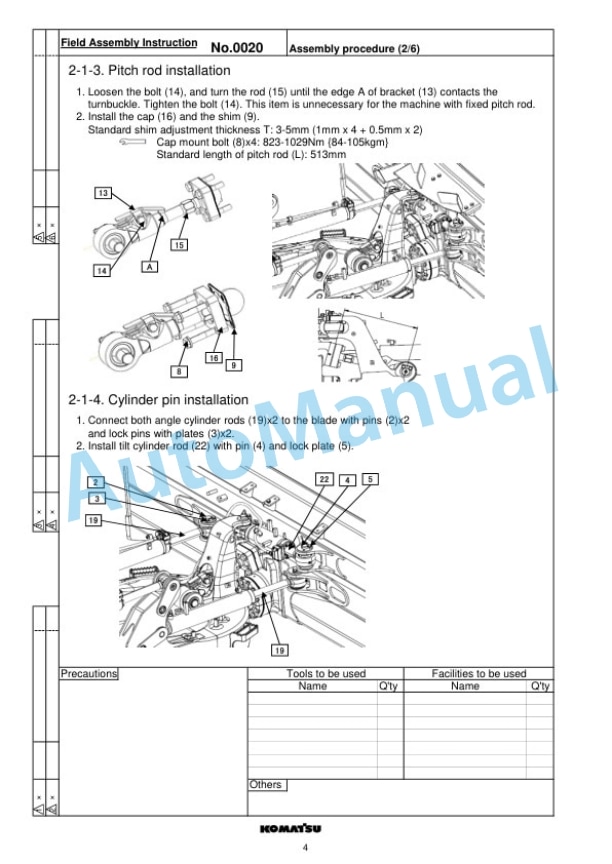 Komatsu D51EX-24, D51PX-24, D51EXi-24, D51PXi-24 Bull Dozer Field Assembly Instruction GEN00160-00 4 Komatsu D51EX-24, D51PX-24, D51EXi-24, D51PXi-24 Bull Dozer Field Assembly Instruction GEN00160-00-4