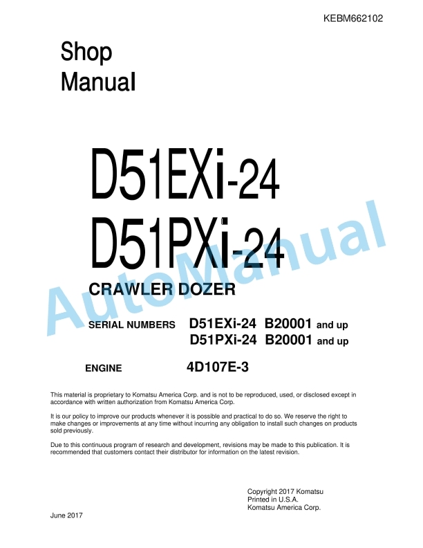 Komatsu D51EXi-24, D51PXi-24 Crawler Dozer Shop Manual KEBM662102