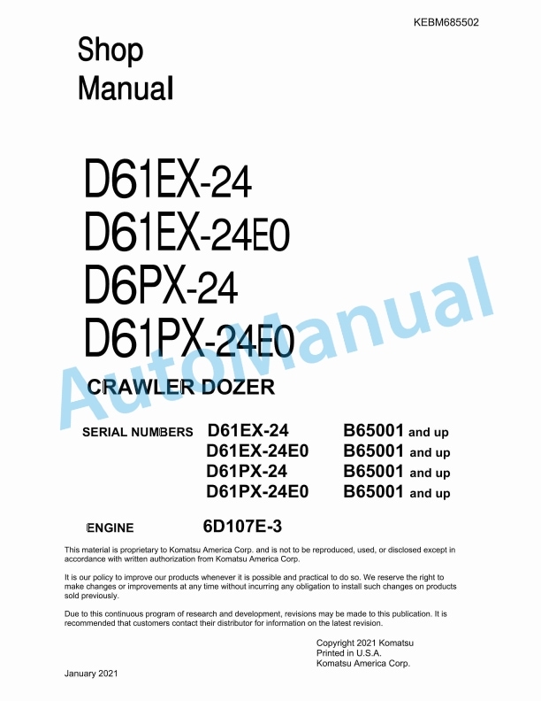 Komatsu D61EX-24, D61EX-24E0, D61PX-24, D61PX-24E0 Crawler Dozer Shop Manual KEBM685502