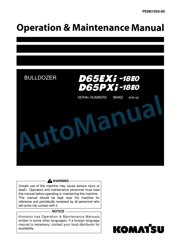 Komatsu D65EXi-18E0, D65PXi-18E0 Bull Dozer Operation and Maintenance Manual PEN01934-00