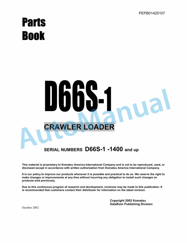 Komatsu D66S-1 Crawler Loader Parts Manual PEPB01420107