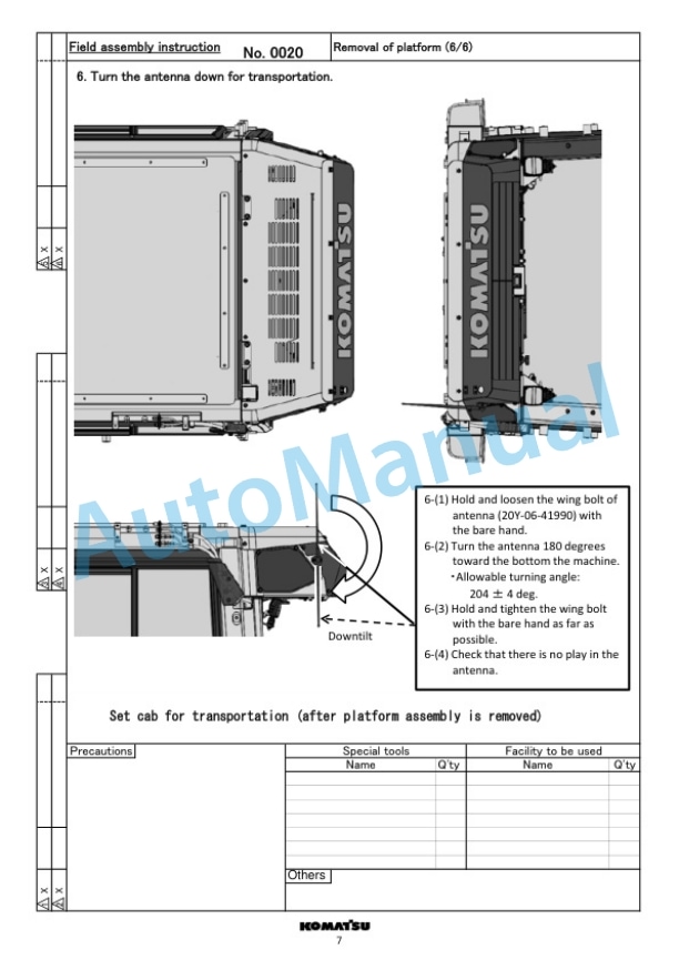 Komatsu D71EXi-24E0, D71PXi-24E0 Bulldozer Field Assembly Instruction GEN00216-01-3