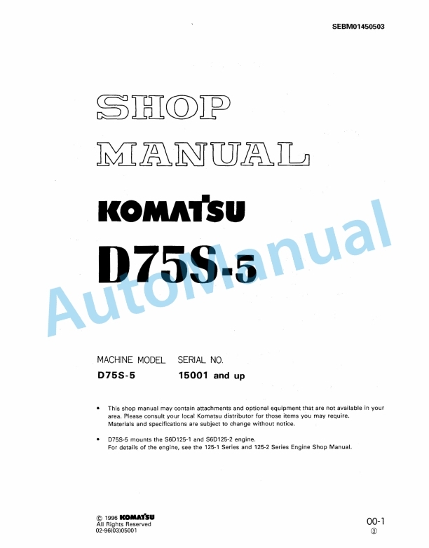 Komatsu D75S-5 Bulldozer Shop Manual SEBM01450503