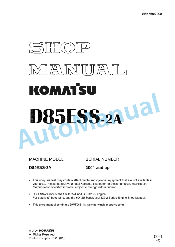 Komatsu D85ESS-2A Bull Dozer Shop Manual SEBM002908