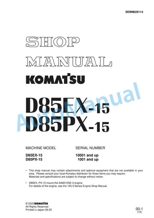 Komatsu D85EX-15, D85PX-15 Bull Dozer Shop Manual SEBM029114