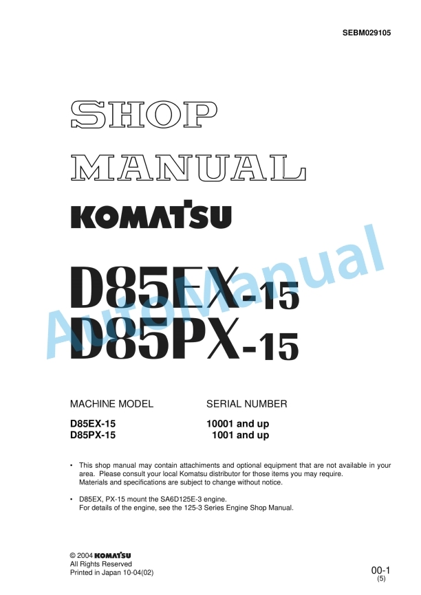 Komatsu D85EX-15, D85PX-15 Dozer Shop Manual SEBM029105
