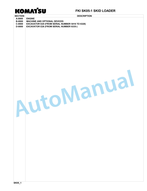 Komatsu FKI SK05-1 Skid Loader Parts Manual 5418-UP 1 Komatsu FKI SK05-1 Skid Loader Parts Manual 5418-UP