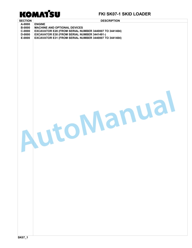Komatsu FKI SK07-1 Skid Loader Parts Manual 3440007-UP 1 Komatsu FKI SK07-1 Skid Loader Parts Manual 3440007-UP