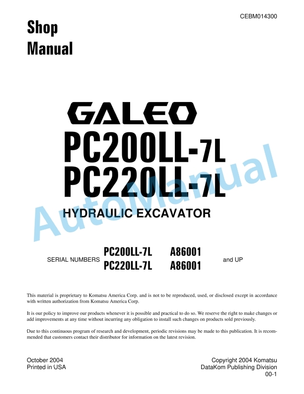 Komatsu Galeo PC200LL-7L, PC220LL-7L Hydraulic Excavator Shop Manual CEBD014300