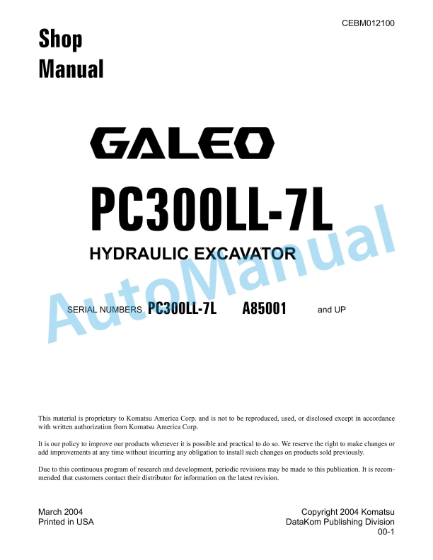 Komatsu Galeo PC300LL-7L Hydraulic Excavator Shop Manual CEBM012100
