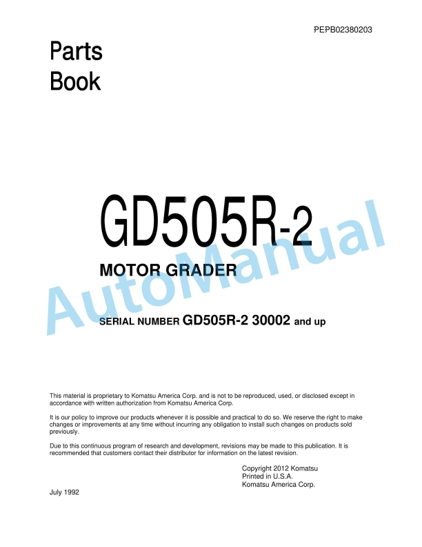 Komatsu GD505R-2 Motor Grader Parts Manual PEPB02380203 1 Komatsu GD505R-2 Motor Grader Parts Manual PEPB02380203