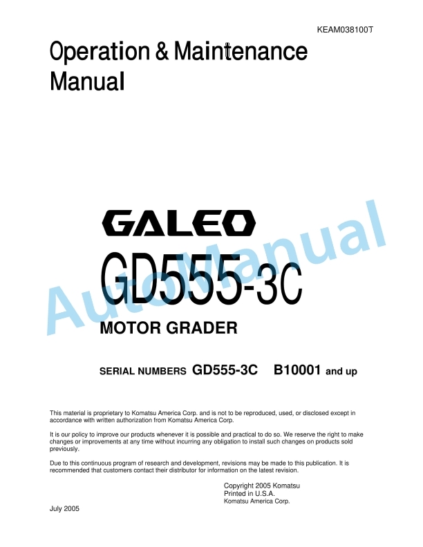 Komatsu GD555-3C Motor Grader Operation and Maintenance Manual KEAM038100T