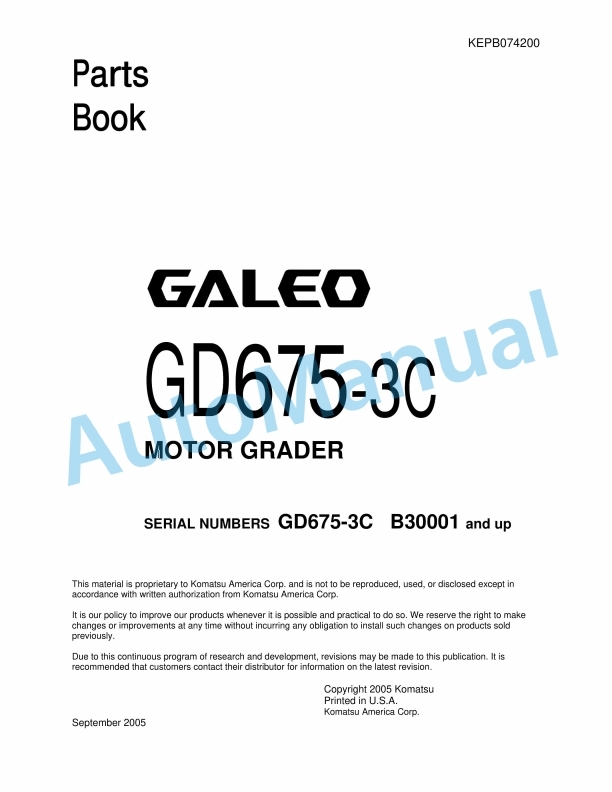 Komatsu GD675-3C Motor Grader Parts Manual KEPB074200