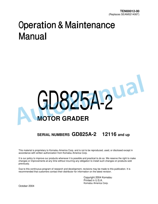 Komatsu GD825A-2 Motor Grader Operation and Maintenance Manual TEN00012-00
