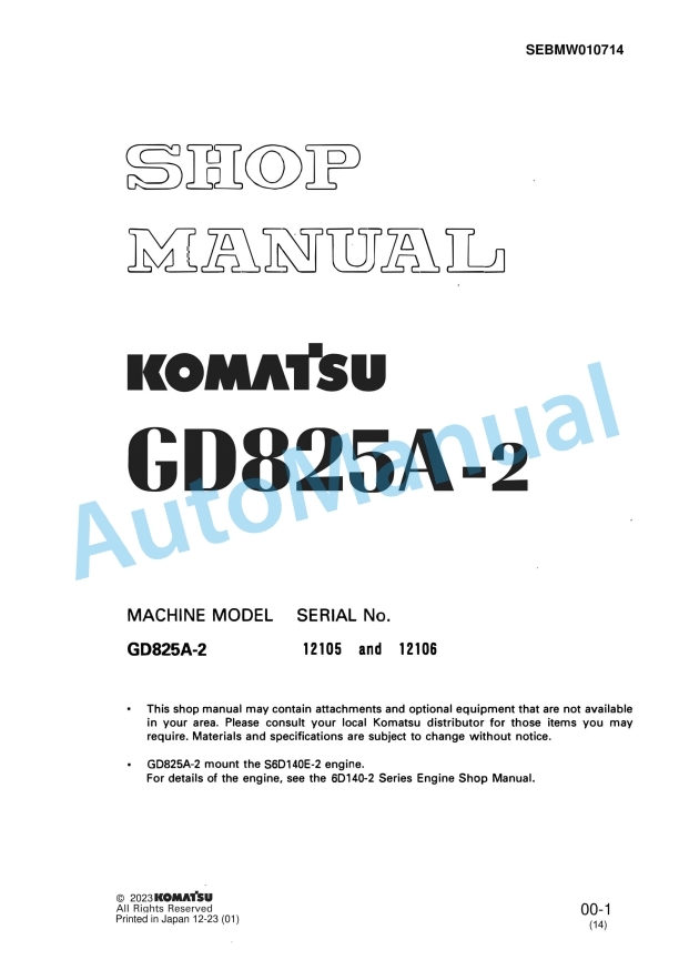 Komatsu GD825A-2 Motor Grader Shop Manual SEBMW010714